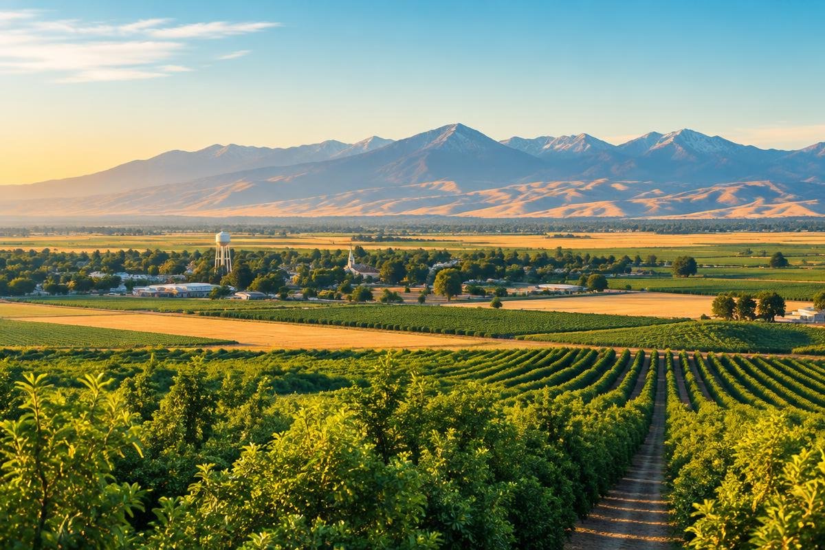 Farmland and foothills of California's Central Valley at sunrise